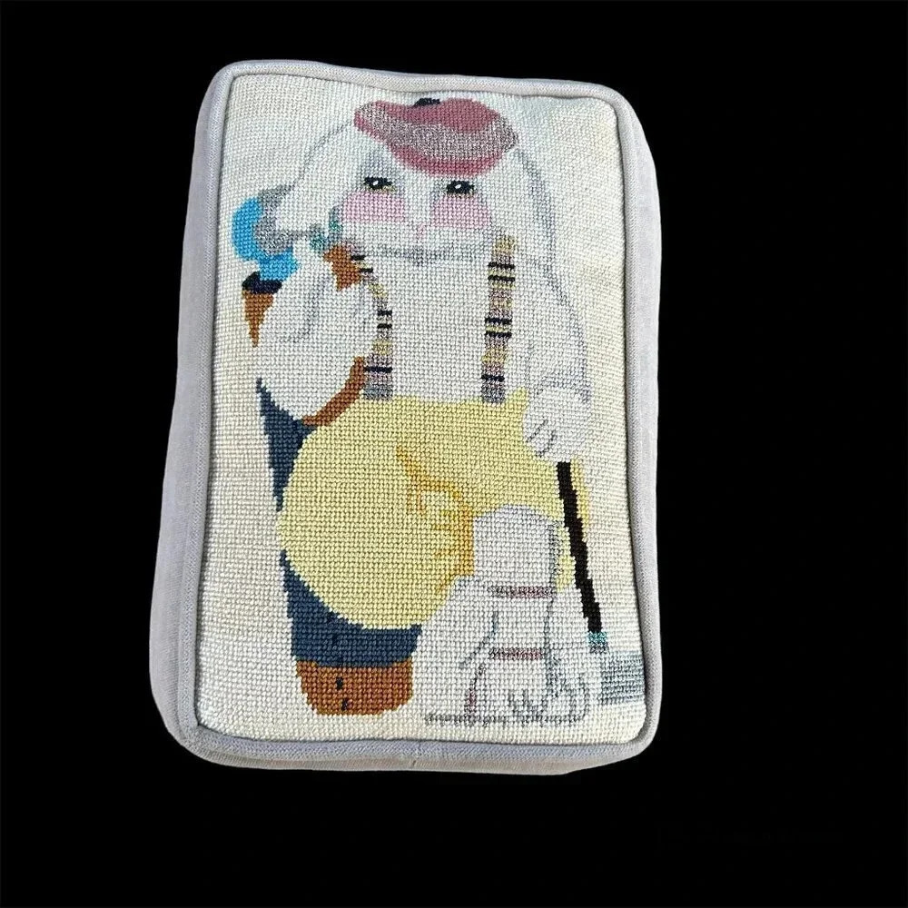 Needlepoint Handmade Golf Bunny Rabbit Small Pillow Home Decor